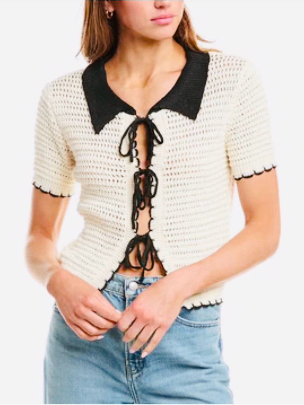 Zara Cream Crochet V-Neck with Black Trim